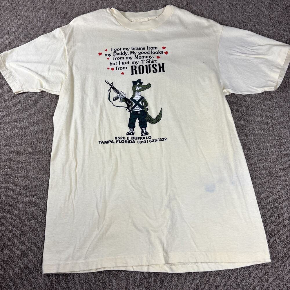 Vintage 1991 ROUSH Desert Victory Military Shirt Gator Machine Gun Large